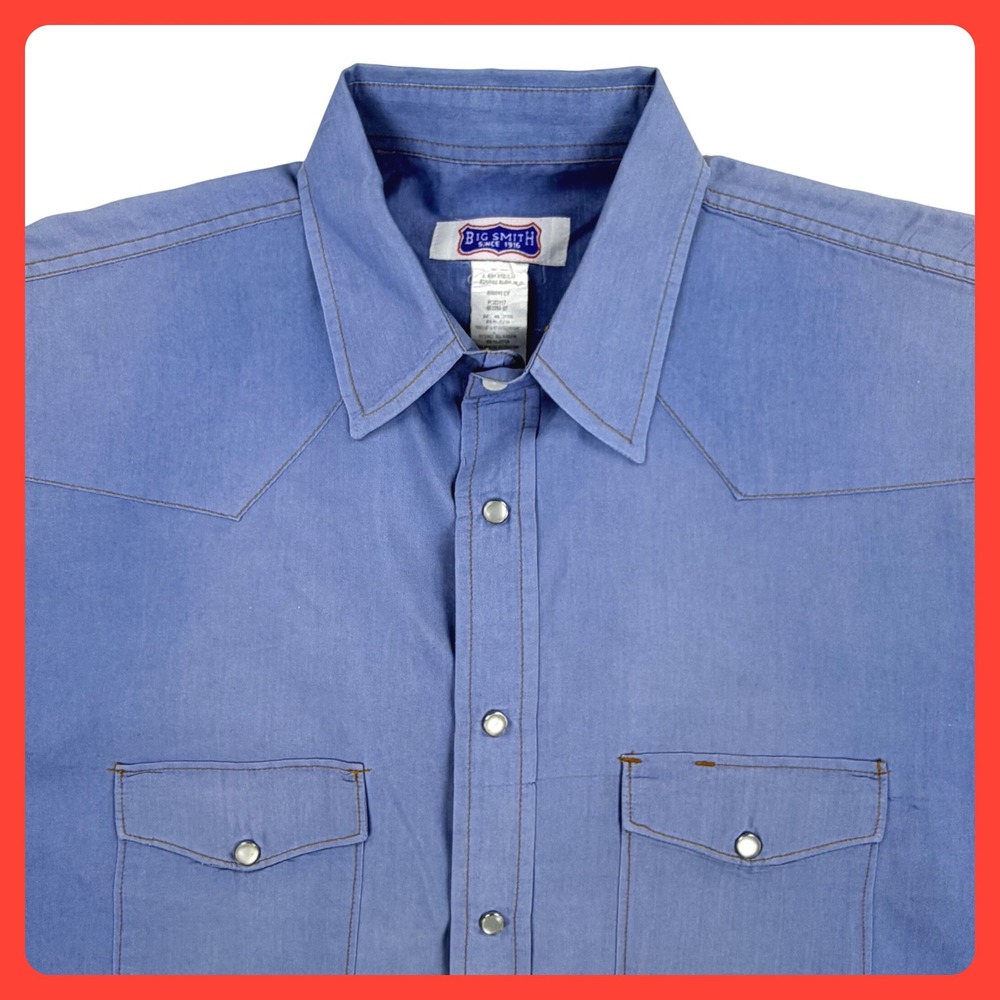 Big Smith Western Pearl Snap Shirt Men XL Blue Fade Cotton‎ Short Sleeve Vintage